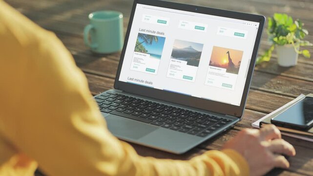 planning vacation at computer,back view of male browsing holiday offers on laptop,last minute trip deal on internet website