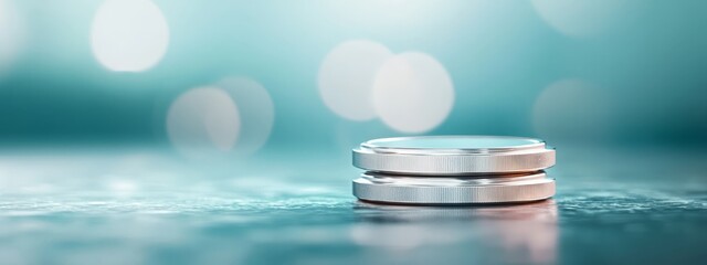  A pair of silver rings atop a blue counter against a backdrop of blurred blue and white