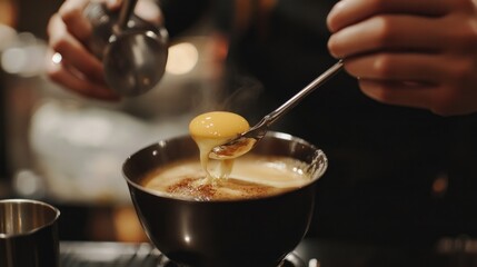 A barista preparing Vietnamese egg coffee, whisking the egg mixture to create a thick foam