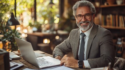 A smiling elderly man in a stylish suit working from a cozy, sunlit office with plants and wooden decor during a productive afternoon