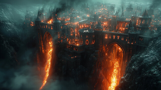 burning dwarven fortress atop a molten river, engulfed in flames and smoke under a stormy sky