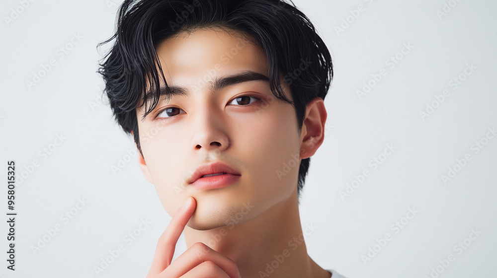 Aufkleber 若くてかっこいいアジア人男性が顎に指で触る仕草をしているポートレート/日本・韓国・中国