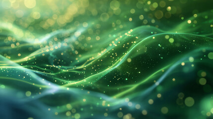 Abstract green and gold waves with glowing particles and bokeh effect