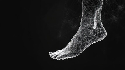 Abstract white wireframe of a human foot on a black background.