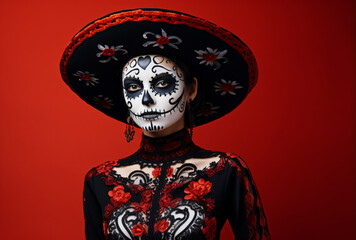 A portrait of a woman Katrina wearing sugar skull makeup to celebrate Halloween or Day of the Dead