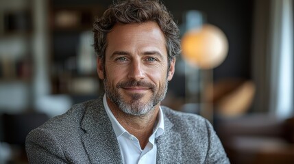 Obraz premium A confident man with curly hair and beard is smiling warmly during a cozy indoor gathering in the early evening