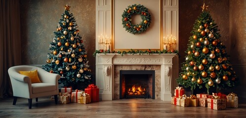 Christmas background. Luxury interior room with fireplace decorated in xmas style. No people. New year tree and gifts
