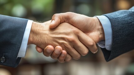 Business professionals shaking hands in a formal setting, showcasing agreement and partnership during a daytime meeting