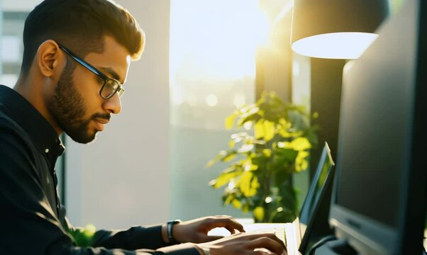 Ivorian Man Working on Laptops in Modern Office