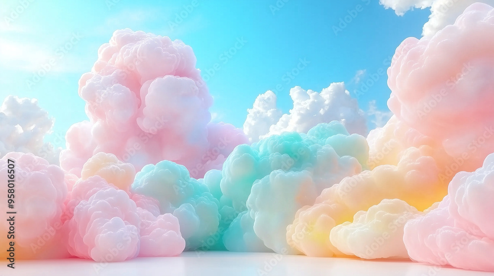 Poster soft, fluffy clouds with a pastel glow drift across a bright blue sky, creating a serene and dreamy 