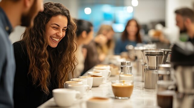 A coffee tasting event featuring different coffee alternative milks, with participants comparing flavors and textures -