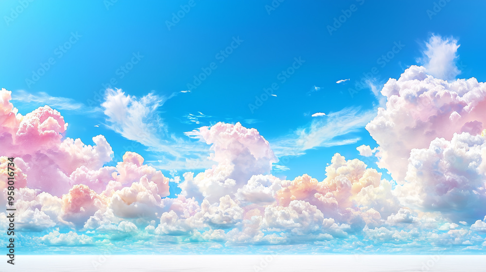 Poster soft, fluffy clouds with a pastel glow drift across a bright blue sky, creating a serene and dreamy 