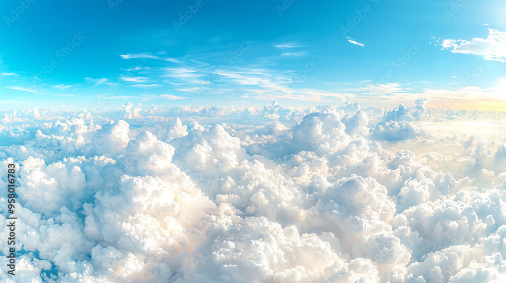 Poster soft, fluffy clouds with a pastel glow drift across a bright blue sky, creating a serene and dreamy 