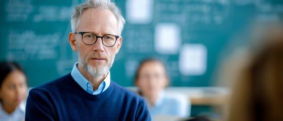 Senior teacher conducting a lecture in a classroom setting with attentive students in the background, showcasing academic learning environment.