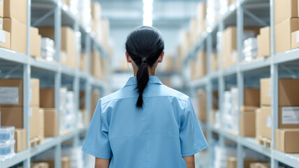 Rear view of a warehouse worker standing between shelves filled with boxes, representing logistics and inventory management in a warehouse.