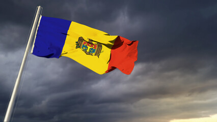 pretty Moldova flag on massive dark clouds backdrop - abstract 3D illustration