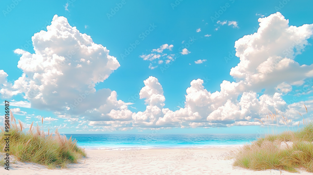 Poster soft, fluffy clouds with a pastel glow drift across a bright blue sky, creating a serene and dreamy 