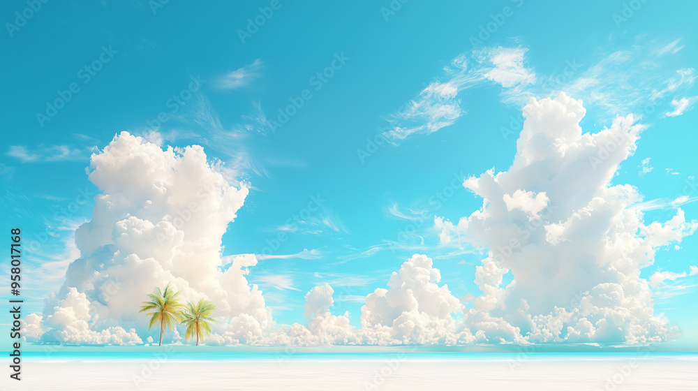Poster soft, fluffy clouds with a pastel glow drift across a bright blue sky, creating a serene and dreamy 