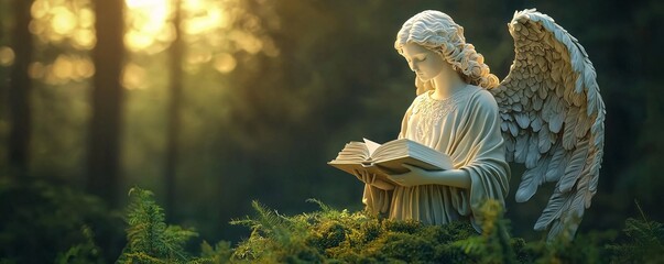 Angel Statue Reading in a Forest.