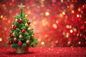 Christmas background with xmas tree and sparkle bokeh lights on red canvas background
