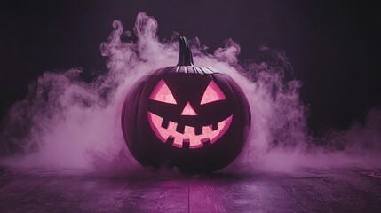 Glowing eyes of a witch costume visible through mist in a dark, mysterious Halloween celebration