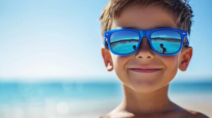 Fototapeta premium A young boy wearing blue sunglasses is smiling at the camera