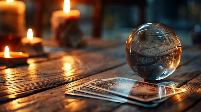 Psychic reading room, crystal ball, tarot cards, candles, mystical Psychic Waves vibe