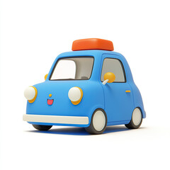 A cute, cartoon-style car with a happy face and a red luggage on the roof, isolated on a white background