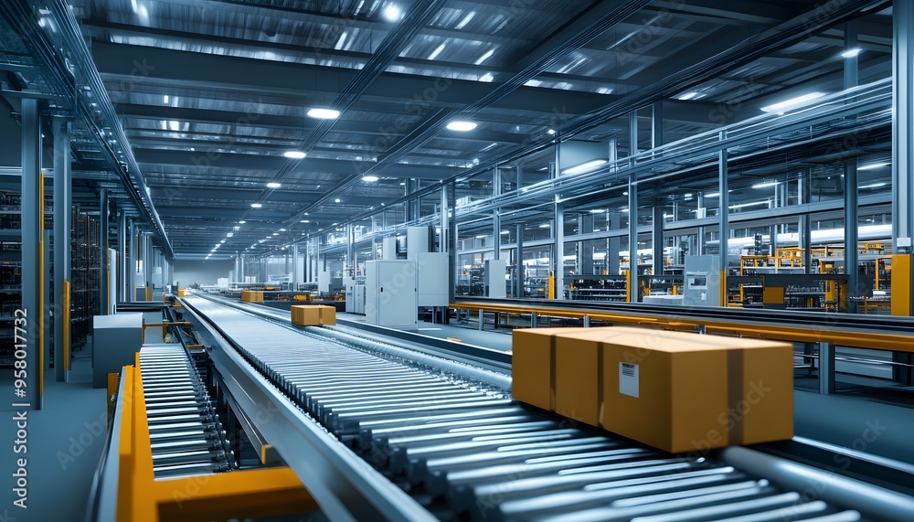 Poster automated conveyor system in a modern warehouse with boxes and robotics, ensuring efficient logistic