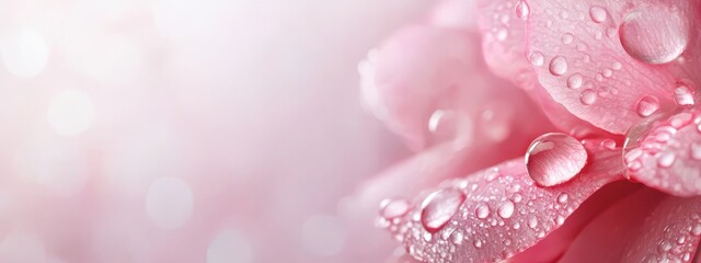 Obraz premium A tight shot of a pink flower with water droplets and a soft light pink backdrop, lightly blurred background