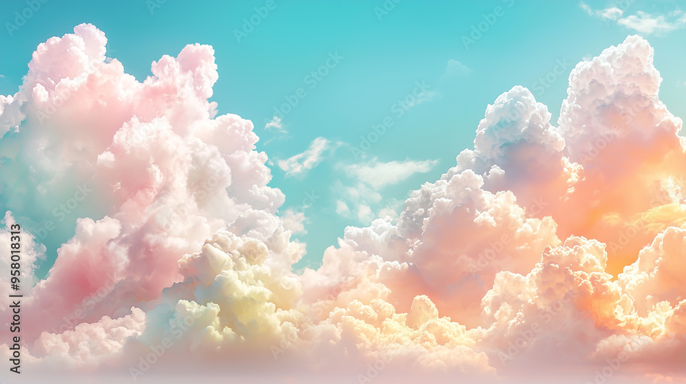 Poster soft, fluffy clouds with a pastel glow drift across a bright blue sky, creating a serene and dreamy 