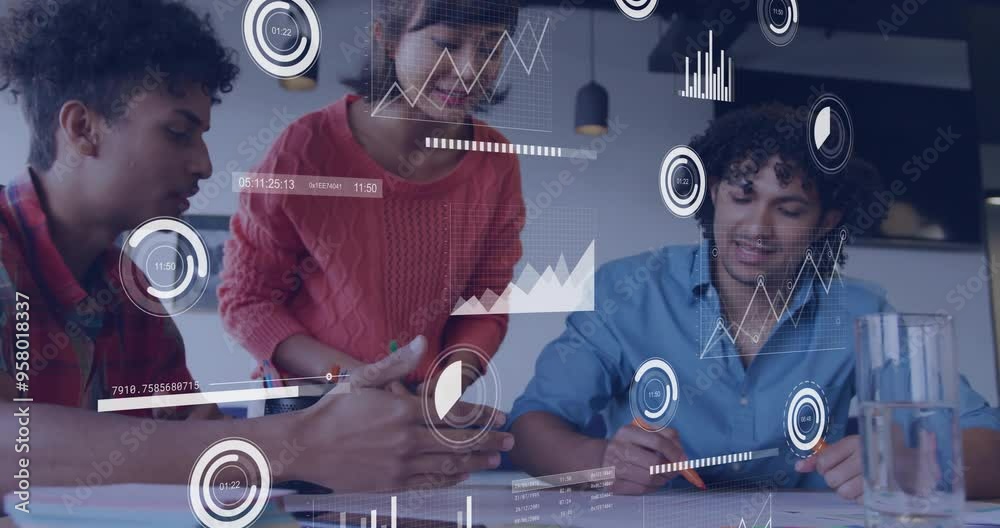 Poster analyzing data charts and graphs animation over diverse business team collaborating