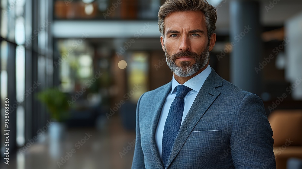 Wall mural A professional man in a tailored suit stands confidently in a modern office setting during the afternoon light