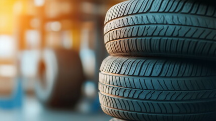 Stack of wheels in stock, Vehicle tire replacement and storage, seasonal replacement. Business services for auto, cars. Horizontal banner, poster template for selling tire service.