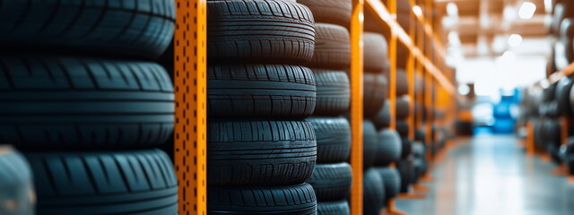 Stack of wheels in stock, Vehicle tire replacement and storage, seasonal replacement. Business services for auto, cars. Horizontal banner, poster template for selling tire service.