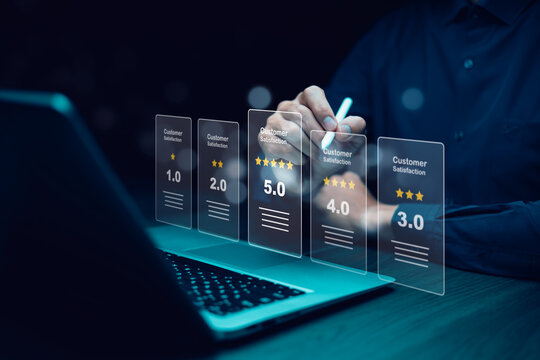Man touch smartphone with Customer review satisfaction feedback survey concept, User give rating to service experience on online application, service leading to reputation ranking of business.