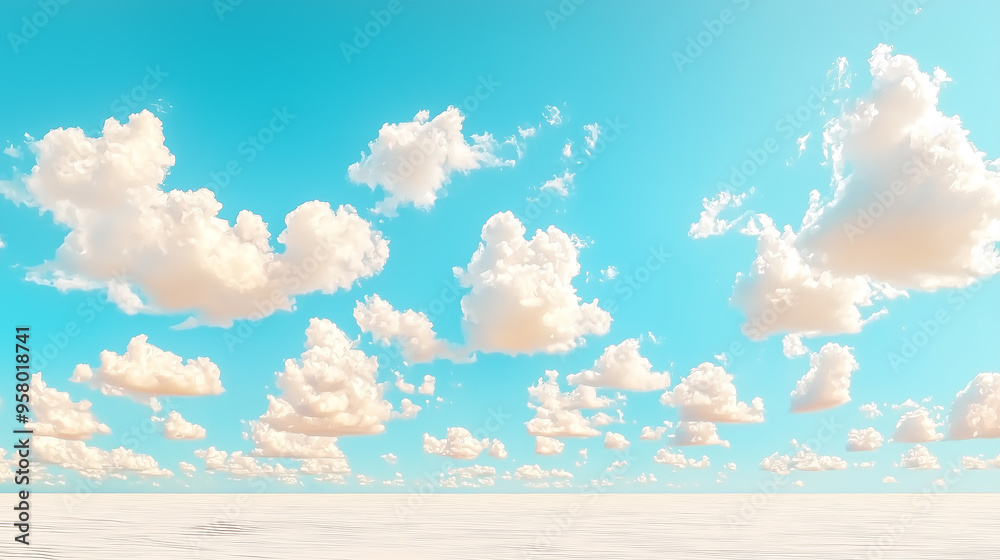 Poster soft, fluffy clouds with a pastel glow drift across a bright blue sky, creating a serene and dreamy 