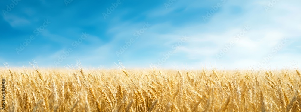 Poster a field of ripe wheat beneath a blue sky with a few wisps of cloud in the background