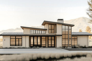 Exterior Elevations of Modern Mountain Ranch House 