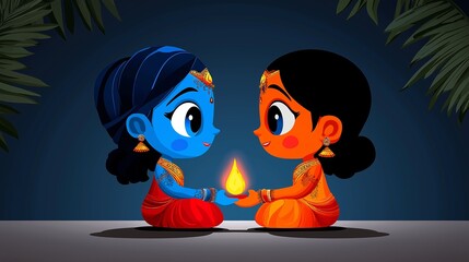 Fototapeta premium Two little girls are holding a lit candle in their hands. The girls are wearing red and blue clothing