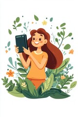 A cheerful girl enjoys reading on a tablet surrounded by vibrant green foliage and flowers, capturing the essence of nature and technology.