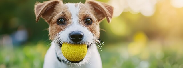  A brown-and-white dog holds a yellow ball in its mouth, gazing directly at the camera Background mildly blurred