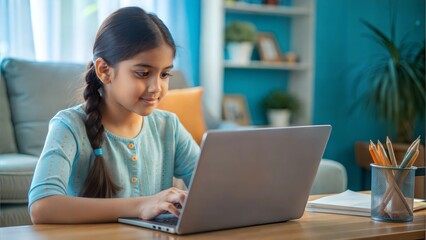 An Indian teenager student girl using a laptop for studying at home, representing online education and remote learning.