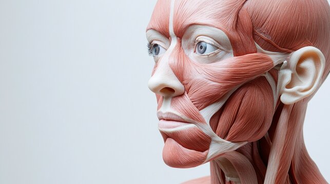 Close-up of a human anatomical model showing facial muscles.