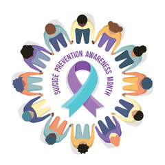 Suicide prevention awareness month - Text and Teal purple ribbon awareness sign in top view group of peple sit and hand hold hand circle around vector design