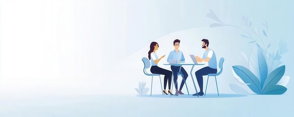 Fototapeta premium A modern illustration of three professionals collaborating at a table in a bright, serene environment, symbolizing teamwork and innovation.