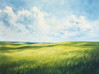 Obraz premium Oil painting depicting a vast expanse of lush green grass in a meadow setting