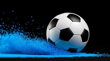Naklejka premium A soccer ball is floating in a blue smoke. Smoke is thick and dense, giving the impression of a foggy, hazy atmosphere. Soccer ball with a trail as if it were blue quantum dots on a black background