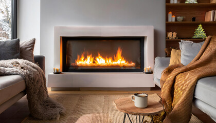 A stylish electric fireplace with a glowing flame effect, set in a modern living room decorated for winter. 
