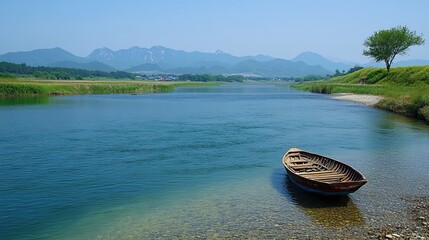 26. A peaceful Korean river landscape, with traditional fishing nets set up along the banks, a small wooden boat drifting on the water, and mountains in the distance © Namwan